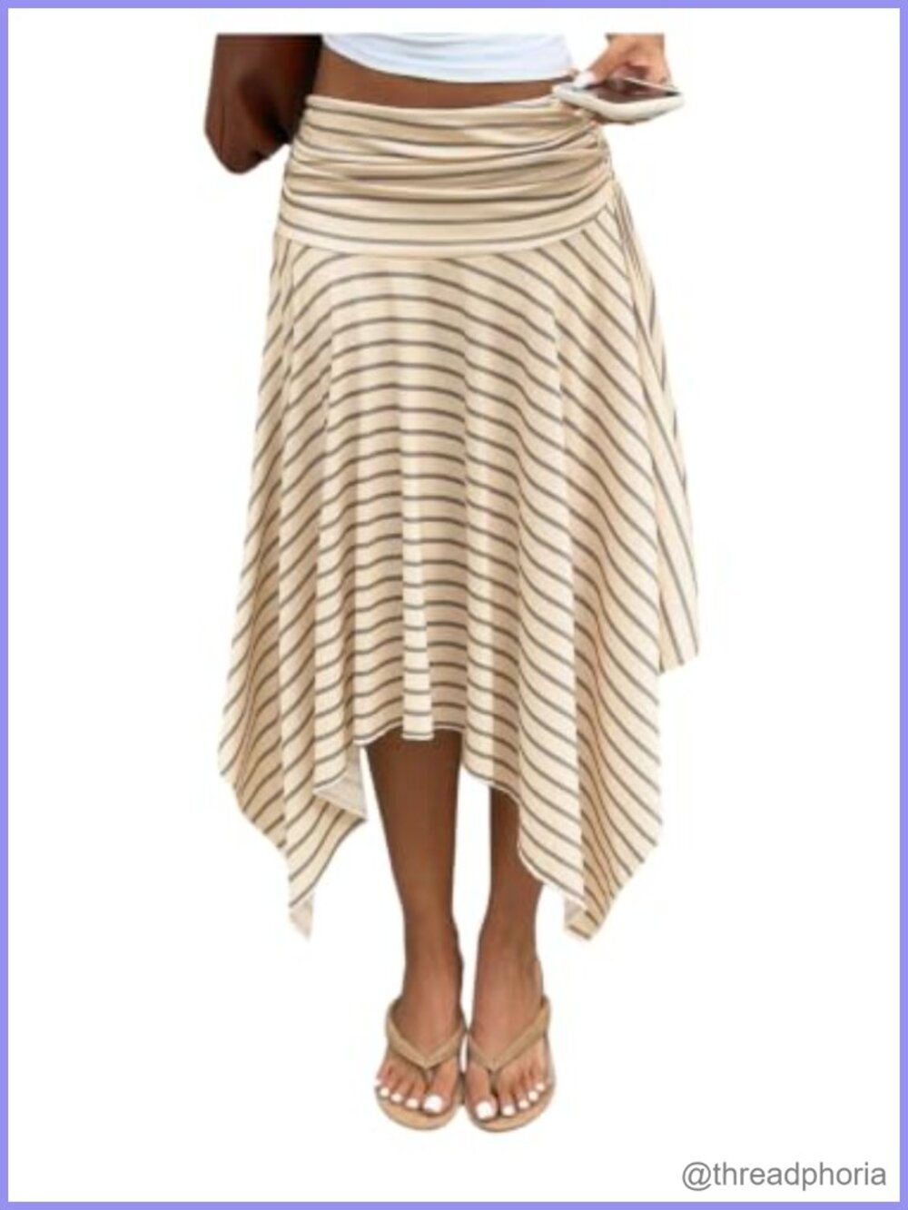 Asymmetrical Flowy Midi Skirt Striped Foldover Ruched Low Waist A-Line